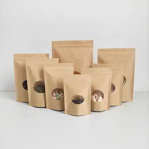 18x26cm 7x10 inch plain food packaging ziplick stand up bolsa brown craft kraft paper pouch bag with oval window