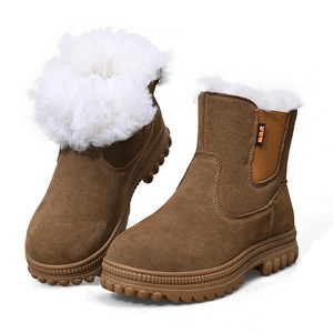 Men Snow <b>Boots</b> Thickened Warm Non Slip Leather Fur Lined Mid Heel Outdoor Winter Shoes Solid Color Front <b>Laces</b> - Product Image 2