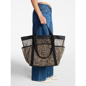 Borsa Tote Leopardata Stile Vacanza, Borsa a Mano a Quadri Portatile di Grande Capacità per il Tempo Libero al Mare, Borsa da Spiaggia a Rete a Righe - Product Image 1