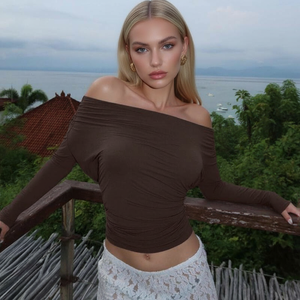 חולצת טי אופנתית וסקסית לשנת 2025, עם שרוולים ארוכים, גזרה רגילה, שרוולי עטלף, נושמת, סרוגה, לקיץ, לנשים - Product Image 3