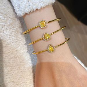 Xinfly 18k Pure Gold 0.379ct Natural Yellow Diamond Heart Cuff Bangle Elastic Jewelry <b>Bracelets</b> - Product Image 5