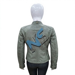 Nabtay Sports Women's Real <b>Leather</b> Moto <b>Jacket</b> Solid Color Stand Collar Zipper Closure Windproof Full Sleeve Sublimation Printed - Product Image 2