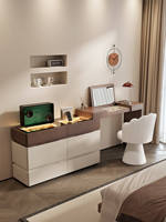 Commode de luxe moderne en noyer à 6 tiroirs, coiffeuse avec plateau rabattable et éclairage LED, meuble de rangement pour bijoux en verre, meuble de chambre à coucher