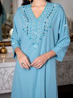 Abaya Turquoise Moderne Élégante et Modeste pour Femmes Musulmanes, Vêtement de Fête avec Broderie à Franges Perlées