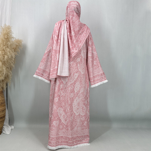 Pink Printed Open Abaya Kimono With Fringe Trim Matching Hijab Set Dubai Modest Muslim Women Robe Ramadan Eid <b>Islamic</b> <b>Clothing</b> - Product Image 6