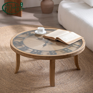 Vintage Style Coffee <b>Table</b> With Glass <b>Top</b> Solid <b>Wood</b> Round <b>Table</b> For Living Room Retro Design Small Size A2805 - Product Image 1