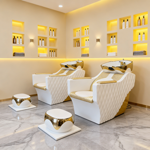 Sillón de peluquería contemporáneo con lavabo de cerámica y tapicería de cuero PU para mobiliario de salón - Product Image 2