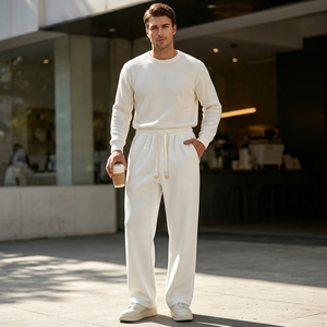Pantalon de survêtement thermique pour homme en molleton de coton blanc et polyester, entièrement doublé, avec cordon de serrage, décontracté, respirant, poids moyen - Product Image 2