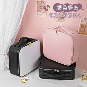 Bolsa de cosméticos rosa de gran capacidad, estuche de almacenamiento de cuero PU con asa suave para viajes y uso doméstico - Product Image 1
