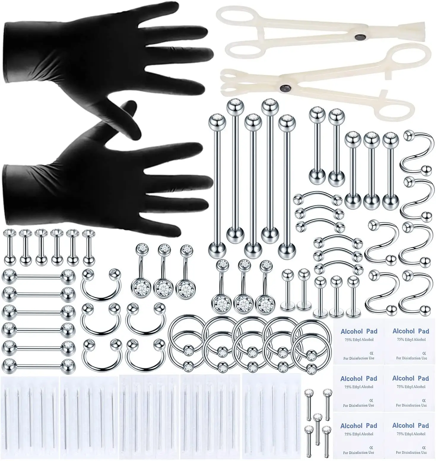 Professional Tattoo Piercing Tool Kit 140pcs/set Stainless Steel Nose Lip Tongue Cartilage Ring Body Jewelry Nose Ring Set