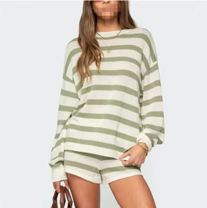 Summer women's casual color blocked striped long sleeved top with lace up shorts contrasting color two-<b>piece</b> <b>set</b> - Product Image 5