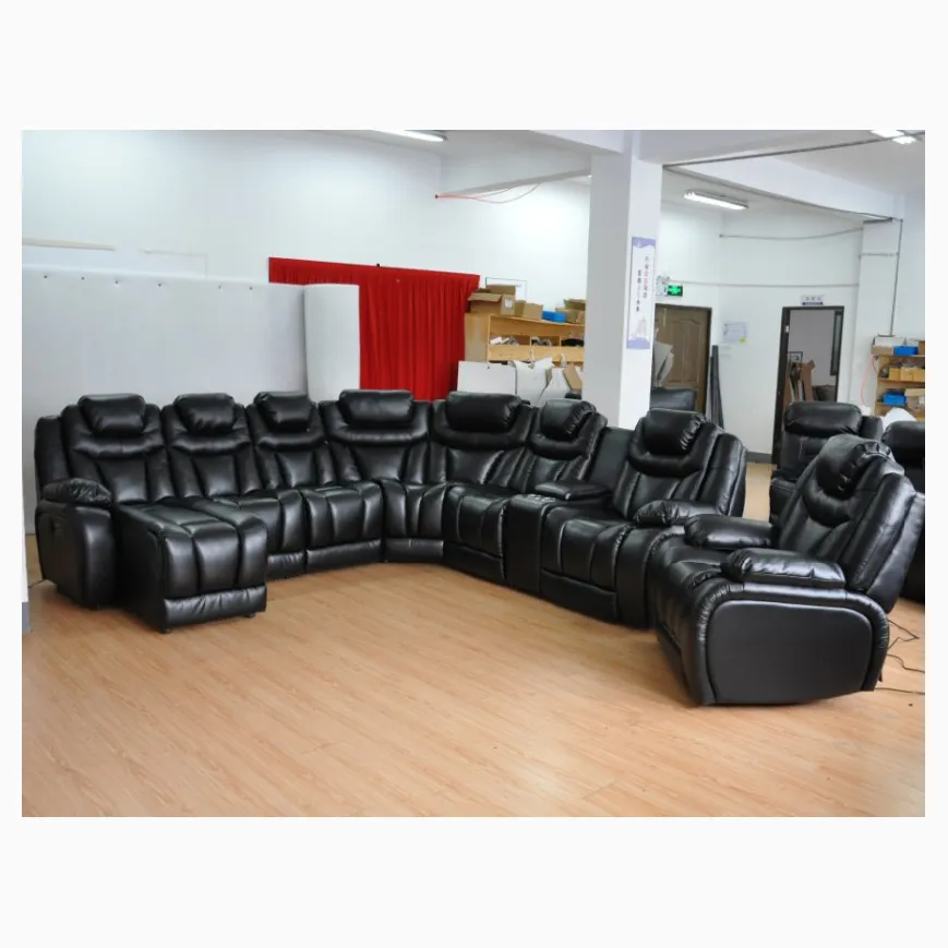 luxury sitting room home furniture 7 seater U L shaped modern leather power electric sectional sofa set recliner