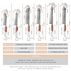 Ensemble de couteaux de cuisine haut de gamme en acier Damas AUS10, couteaux de chef, Santoku, Bunka, Nakiri, couteaux utilitaires avec manche en résine et bois stabilisé - Product Image 6