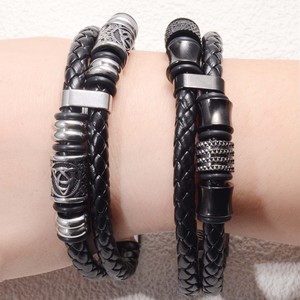 Men's Leather Braided <b>Bracelet</b> Stainless Steel <b>Adjustable</b> Buckle Black Steel Color Retro Style Jewelry Gift - Product Image 2