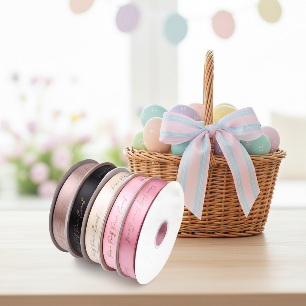 Custom Logo Easter Decoration 4cm 1.5 Inch Luxury Packaging Double Satin Ribbon Printing Flower Gift Ribbon Gross Grain Weeding