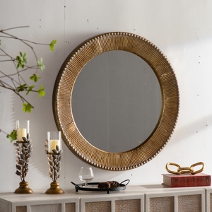 Gold Textured Round Wall <b>Mirror</b> 31.3 Inch Iron Frame MDF Back Boho Accent <b>Mirror</b> For Living Room Bedroom - Product Image 2