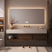 Meuble-lavabo mural flottant moderne avec plan de travail en pierre, fournisseur OEM/ODM, taille personnalisée, pour hôtel intelligent et ferme.