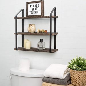 Iron And Wood Three Tier Wall <b>Shelf</b> Brown Durable Storage <b>Rack</b> For Bathroom Bedroom Living Room - Product Image 1