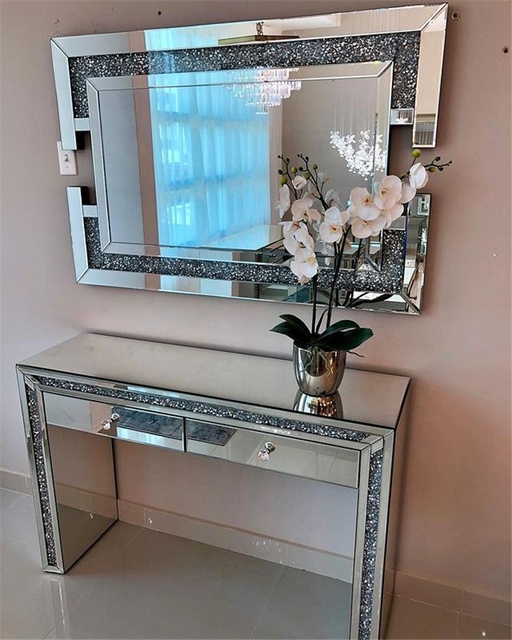 green emerald velvet dress Mirrored Vanity Table Diamond Inlay 2 Drawer Silver Drawer 2 Drawers B