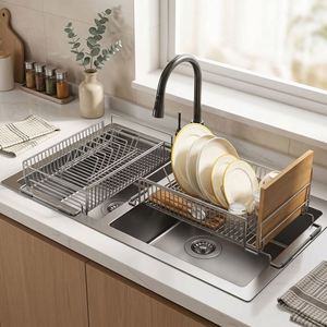 Égouttoir à vaisselle extensible en acier inoxydable pour évier, réglable, avec poignée en bois pour comptoir - Product Image 2