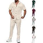 Conjunto de Camisa y Pantalones Casuales Blancos para Hombre, Manga Corta, con Botones y Bolsillos, Poliéster, Dos Piezas, Ropa de Ocio XZ-10 - Product Image 4