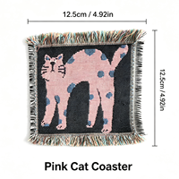 Sous-verre carré en tissu à pois roses avec motif chat, en mélange coton-polyester, à franges, résistant à la chaleur, protège-table et dessous de verre