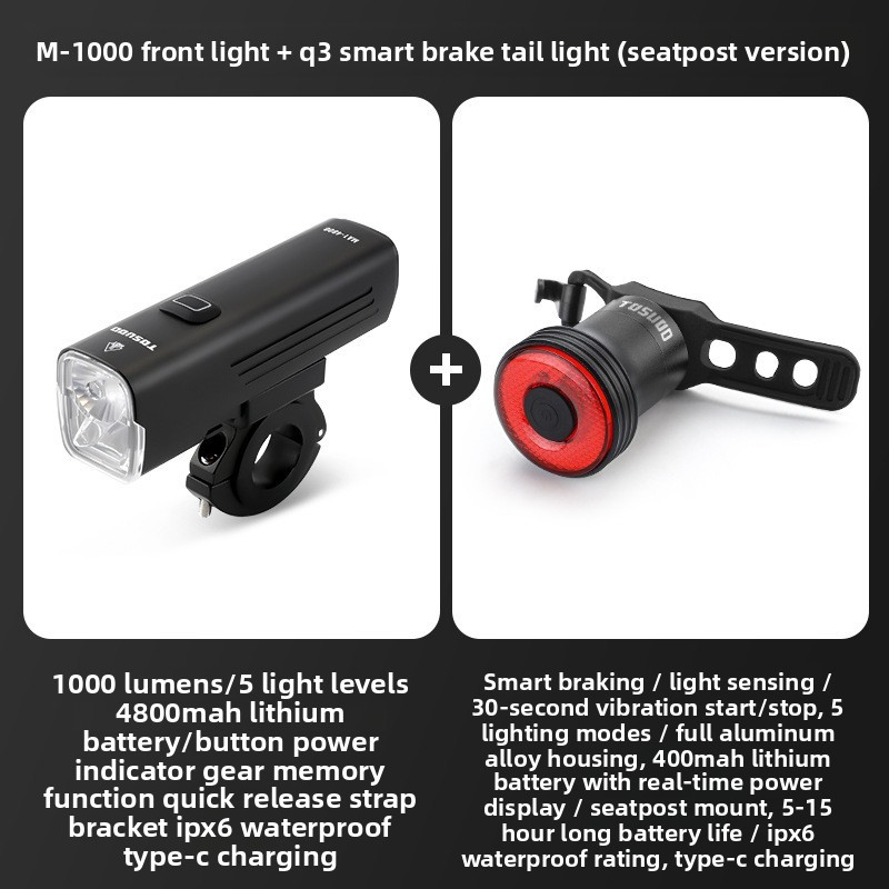Phare avant M-1000 lumens - feu arrière Q3 - fixation sur tige de selle