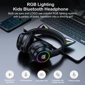 Ayarlanabilir B90 RGB kedi kulak BT5.0 kablosuz oyun kulaklığı siyah Led kulaklık mikrofon PC ile kablosuz kulaklık