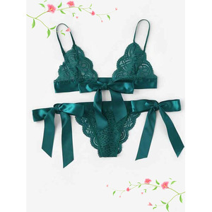 Conjunto de lencería sexy de encaje para mujer, azul real, 3 piezas, con detalle de lazo, ropa interior de satén - Product Image 3