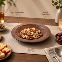 Vente en gros de bols de service peu profonds à large bord en bois d'acacia, assiettes rondes en bois massif, porte-noix, porte-salades, porte-collations, vaisselle de restaurant japonais
