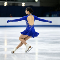 Robe de patinage artistique bleu roi à manches longues, col en V, dos ouvert, avec strass et jupe de performance