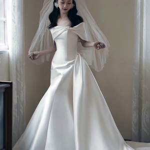 Simple Off Shoulder Sexy Backless Mermaid Soft Satin Wedding Dress <b>Bride</b> <b>Gown</b> Wm80 - Product Image 5