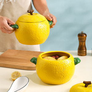 Nuevo cuenco de sopa de cerámica de limón con tapa, cuenco de sopa de gran capacidad para el hogar, olla de sopa <span class=keywords><strong>grande</strong></span> de doble oreja, cuenco de fideos - Product Image 2