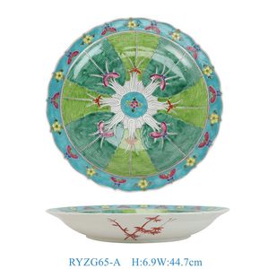 RYZG65-A <span class=keywords><strong>Assiette</strong></span> de service décorative en porcelaine à motif Famille Rose, chou bok choy et papillon, grande taille, vente en gros - Product Image 1