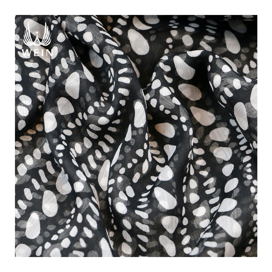 WI-B01 Shaoxing Textiles Rotary Cutout Printing 30D Crinkle Chiffon Fabrics White Dot Pattern Printed Black Chiffon Fabrics