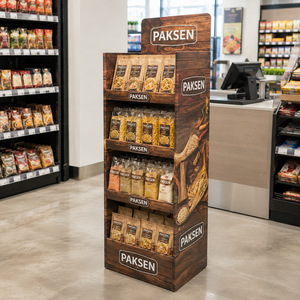 Grocery Food Display Corrugated Paper Floor <b>Stand</b> 4-Tier Wood <b>Print</b> Rack For Pasta Grain Jars Supermarket Retail Area - Product Image 1
