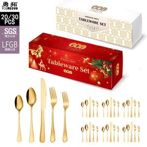 Luxury Stainless Steel <b>Cutlery</b> Set <b>Gold</b> Plated <b>Black</b> Red Handles 20 Piece Western Tableware Gift For Christmas - Product Image 4