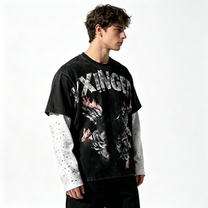 Custom Oversize Graphic T Shirts Double Layer Vintage <b>Long</b> Sleeve T Shirt Acid Wash Rhinestone <b>Tshirts</b> for Men - Product Image 2