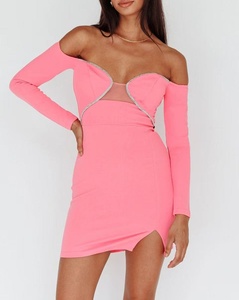 Pink Off Shoulder Bodycon Mini Dress With Rhinestone Cutouts And Slit For Party Summer Wear - Product Image 3