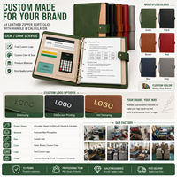 Portafolio de Cuero A4 Personalizado con Cierre, Carpeta de 3 Anillas con Asa y Calculadora, Logotipo Verde para Reuniones de Negocios