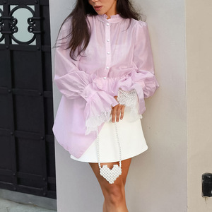 Fabricant de Blouses Femme Personnalisées OEM ODM, Marque Privée, Col Montant, Bordure <span class=keywords><strong>Dentelle</strong></span>, Manches Bouffantes, Taille Cintrée Vintage, Vente en Gros Automne - Product Image 3