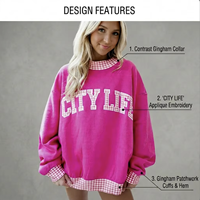 Sweat-shirt ample rose vif à épaules tombantes pour femme, imprimé lettres à carreaux personnalisé style urbain, pull vintage streetwear