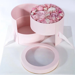 Custom Luxury Handmade Round Gold Stamping Double Layers Rotating Rose Gifts Packaging Flower Boxes With clear pvc window