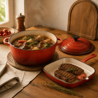 Batterie de cuisine 7 pièces en fonte émaillée, antiadhésive, style moderne et luxueux, pour soupes, ragoûts et casseroles, compatible gaz universel, faible MOQ