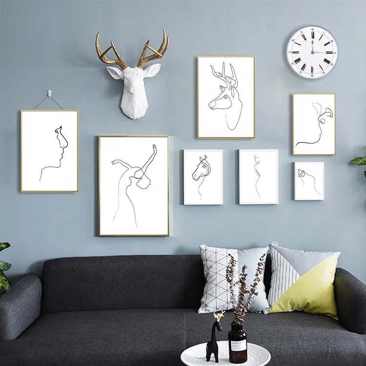 Custom Canvas Abstract White Black Line Deer Lady Line Wall Art Poster Nordic Minimalism Canvas Painting Drawing Pictures