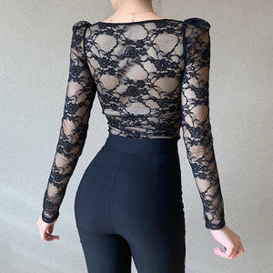Fashionable Ladies Breast <strong>Cup</strong> Lace Long-sleeve <strong>Blouse</strong> Top Sexy Black V-neck Shirt Collar Women's Party Shapers Lace Top - Product Image 2