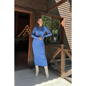 Robe pull moulante bleue en maille avec fente, taille naturelle, col rond, respirante, à manches longues pour femme - Product Image 6