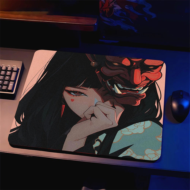 Oni Mask Girl Gaming Mousepad Anime Premium High Elastic Non-slip Bottom Control Mouse Mat 45x40CM Speed Mouse Pad E-Sports Mat