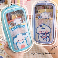 Pochette en toile transparente pour stylo de grande capacité, mignon, créatif, papeterie de dessin animé pour enfants, étui à stylo en plastique transparent