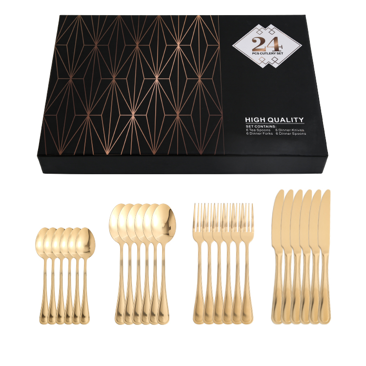 Wholesale best selling fork knife spoon mirror gold 24 pieces box stainless steel flatware 24pcs cutlery set for wedding gift